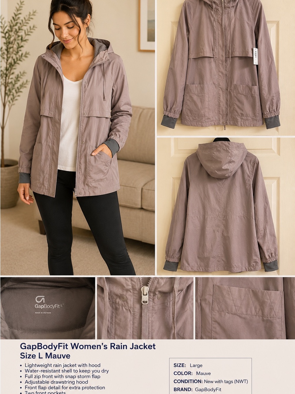 GapBodyFit Women's Mauve Hooded Utility Rain Jacket